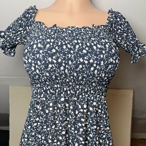 Blue and White Floral Smocked Dress